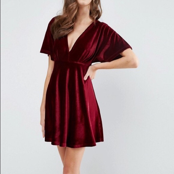 ASOS Burgundy Velvet Deep V Skater Dress sz 4 - Picture 11 of 11